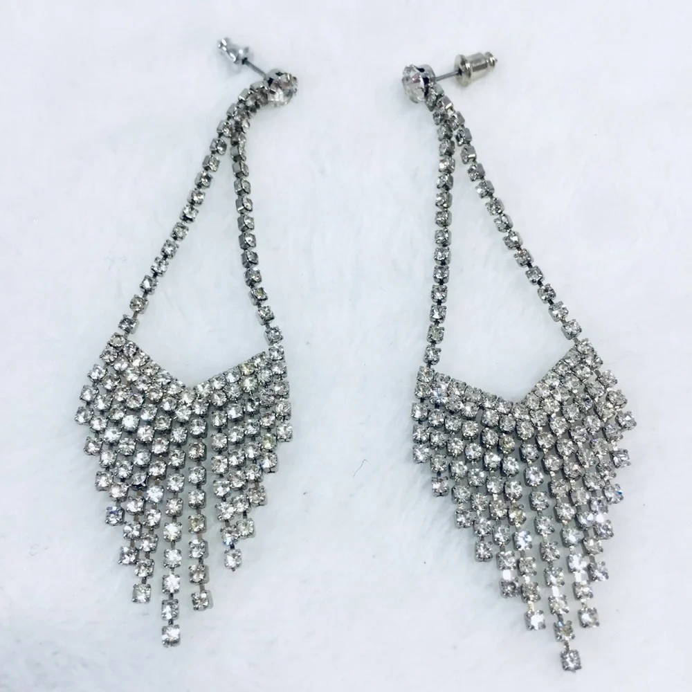 Silver Tone Post Pierced Earrings Clear Sparkling